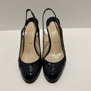 Christian Louboutin Black Patent Leather Round Toe Slingback Heels, Size 41